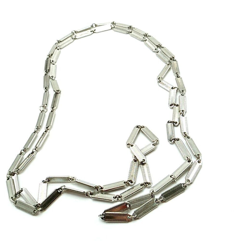 Unisex Long Necklace Silver-tone Textured Bar Link